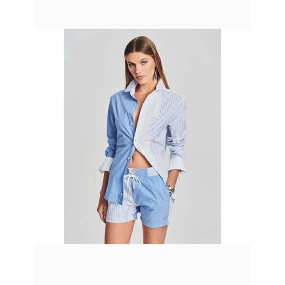 Ser.O.Ya Seroya Teagan Womens Men Unisex Medium Button Front Colorblock Blue NWT - Picture 1 of 8